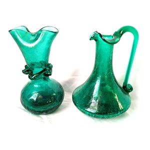 Vintage Mid-Century Modern Blenko Emerald Cracked Glass Pitcher and Vase